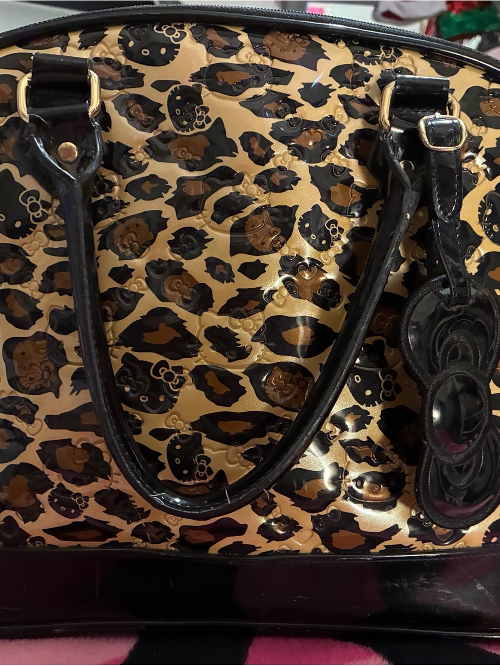 Lounge fly Hello Kitty Leopard Print Patent Satchel - Black & Tan,